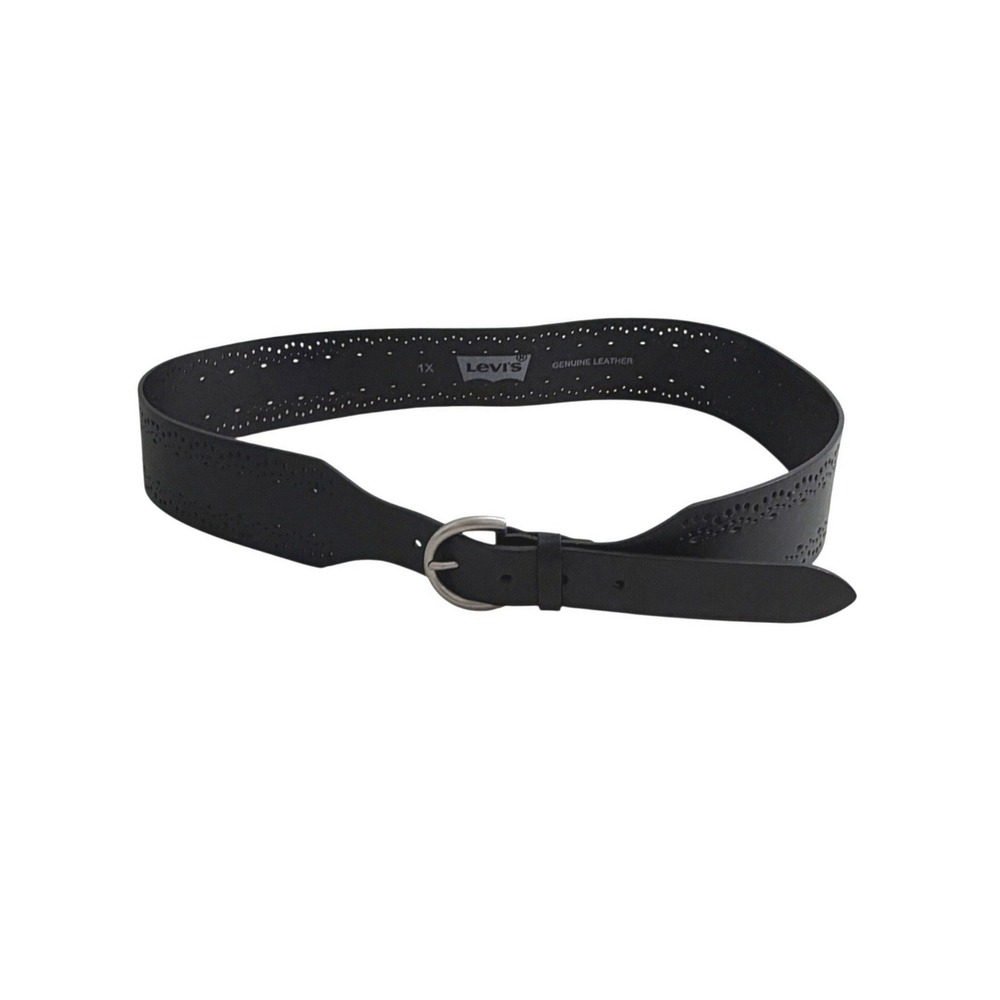 New Levis Womens 1X Black Leather Wide Waist Cinch Belt Laser Cut Scalloped